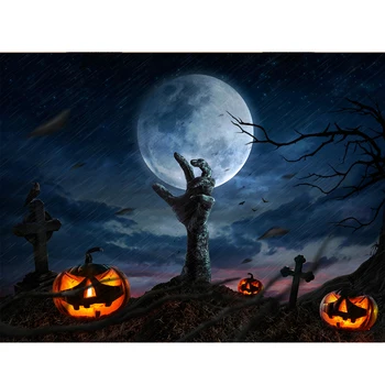 

Halloween Photography Backdrop terrorist Pumpkin Lantern Forest cemetery Hand Moon Night Background Photo Studio Props