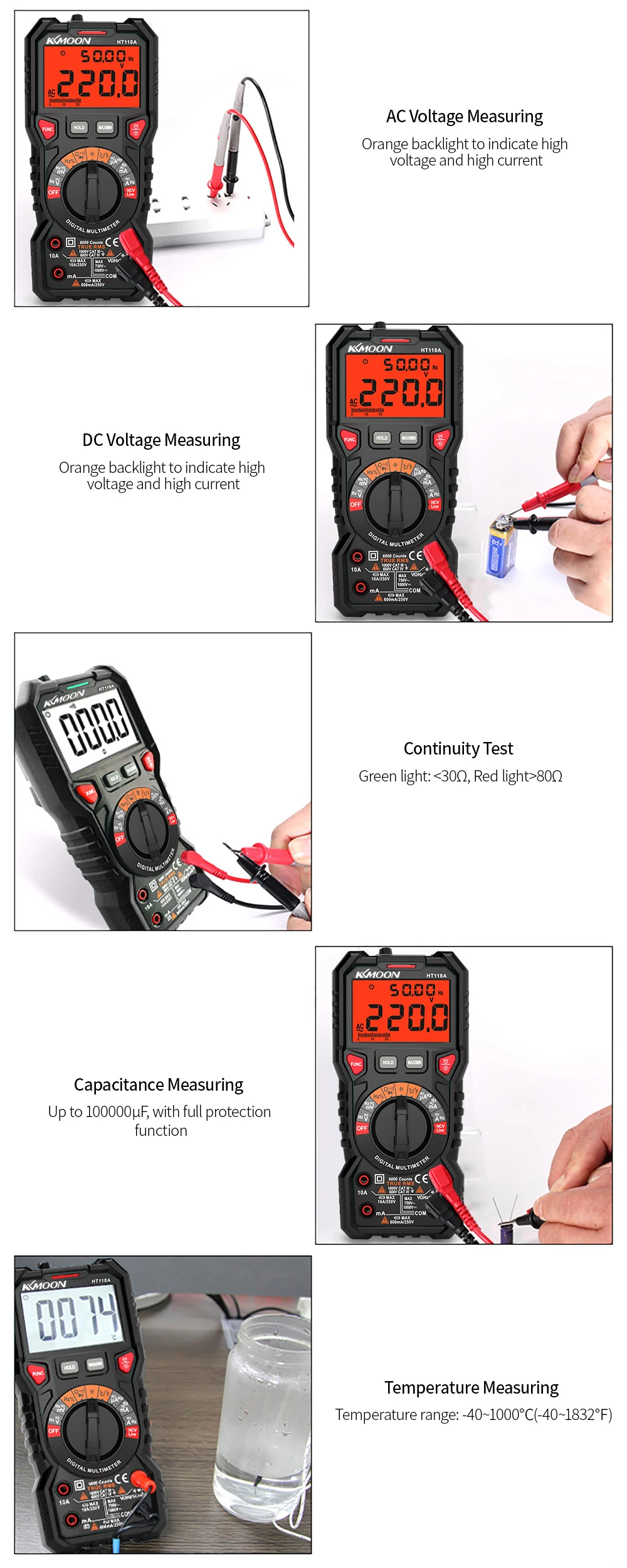 KKmoon HT118A цифровой мультиметр с автоматическим диапазоном 6000 отсчетов истинных среднеквадратичных значений переменного/постоянного тока NCV тестовый диод с ЖК-подсветкой фонарик