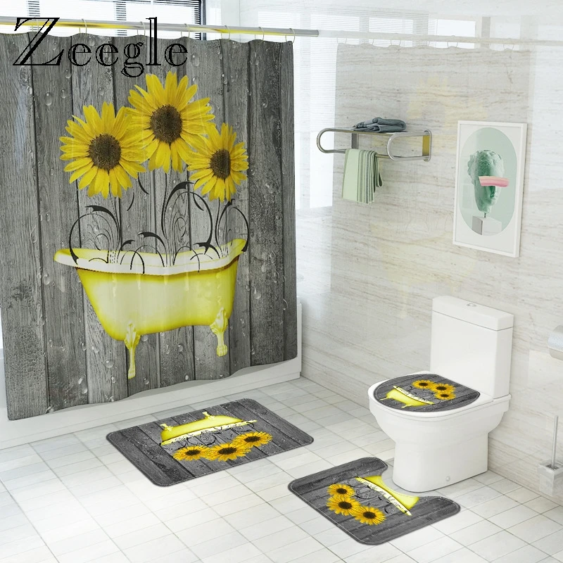 Sunflower Bath Mat and Shower Curtain Set Polyester Fibre Washable Bathroom Carpet Decor Toilet Seat Tank Cover Rug
