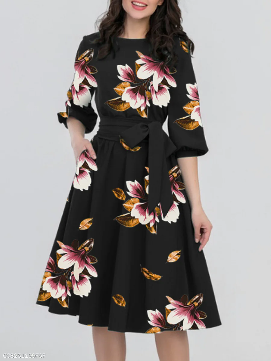 Элегантное женское платье с цветочным принтом, винтажное платье трапециевидной формы с круглым вырезом и коротким рукавом по колено, женское повседневное офисное женское платье, Vestidos - Цвет: black dress