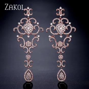 

ZAKOL Vintage Cubic Zirconia Hollow Dangle Earring for Women Luxury Long Chandelier Bridal Wedding Jewelry FSEP2200