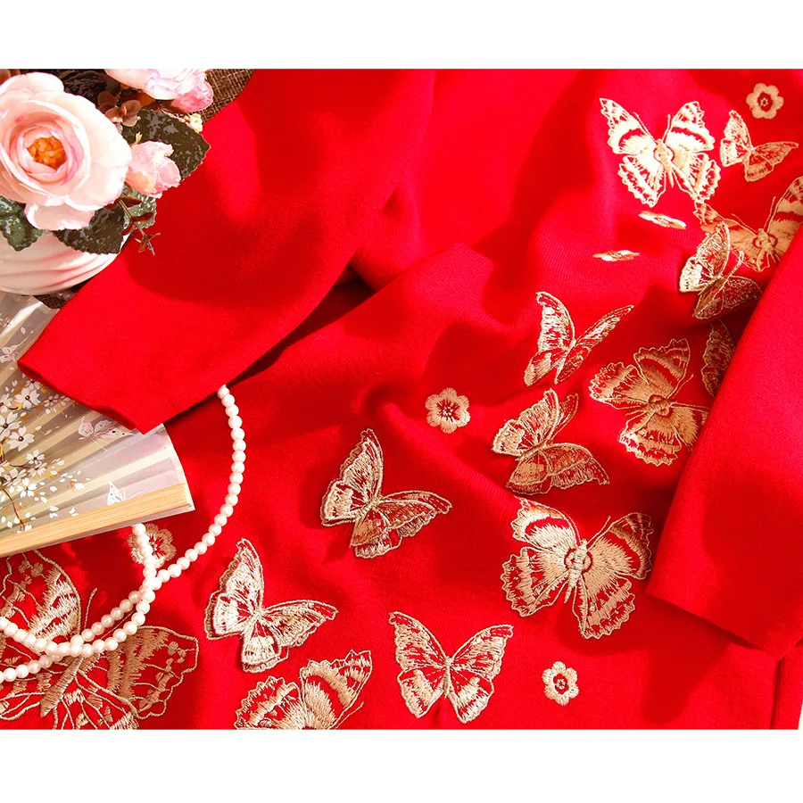 Высококачественный Зимний вязаный свитер с вышивкой бабочки женское платье Ципао свободные длинные пуловеры вязаное платье Чонсам s-xxl