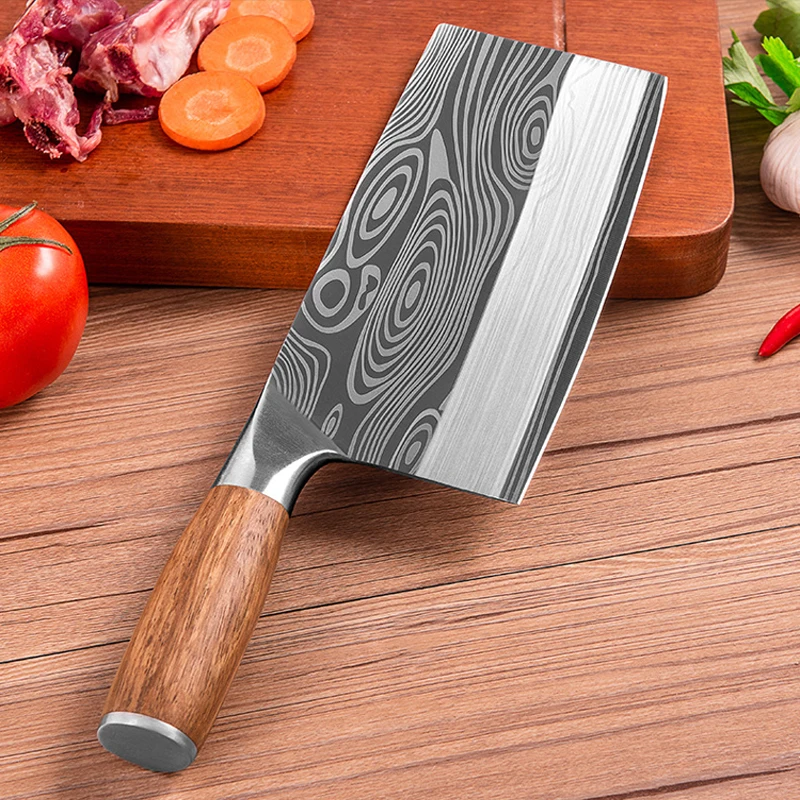

New Kitchen Knife Damascus Laser Pattern Meat Cleaver Chinese Chef Chopping Slicing Knife 4CR13 Stainless Steel Vegetable Cutter