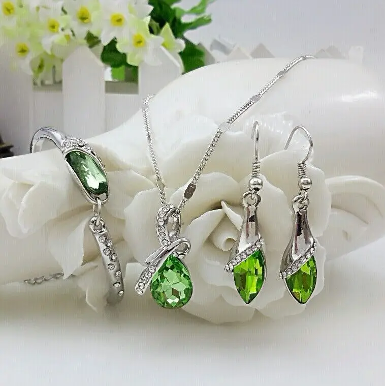 QiLeSen, ювелирные изделия, стеклянная обувь, кристалл, зеленый, серебро 925 пробы, женская свадебная цепочка, кольцо, серьги, набор, подарок, S0145