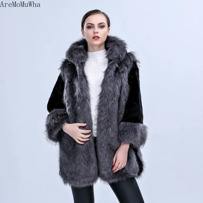 AreMoMuWha лисий мех пальто с искусственным мехом Зима Новая женская с капюшоном Роскошная куртка из искусственного меха женские топы и блузки пальто для женщин QX1175