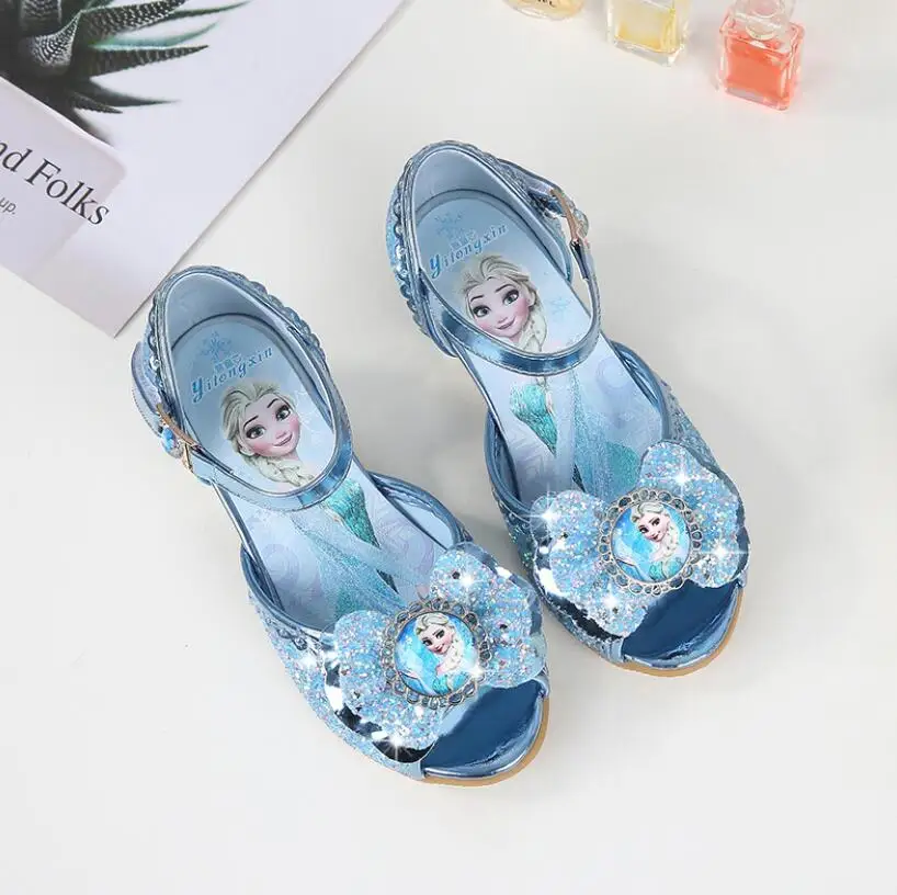 Elsa Princess Kids Leather Shoes For Girls Flower Casual Glitter Children High Heel Girls Shoes Knot Blue Pink Silver Shoes