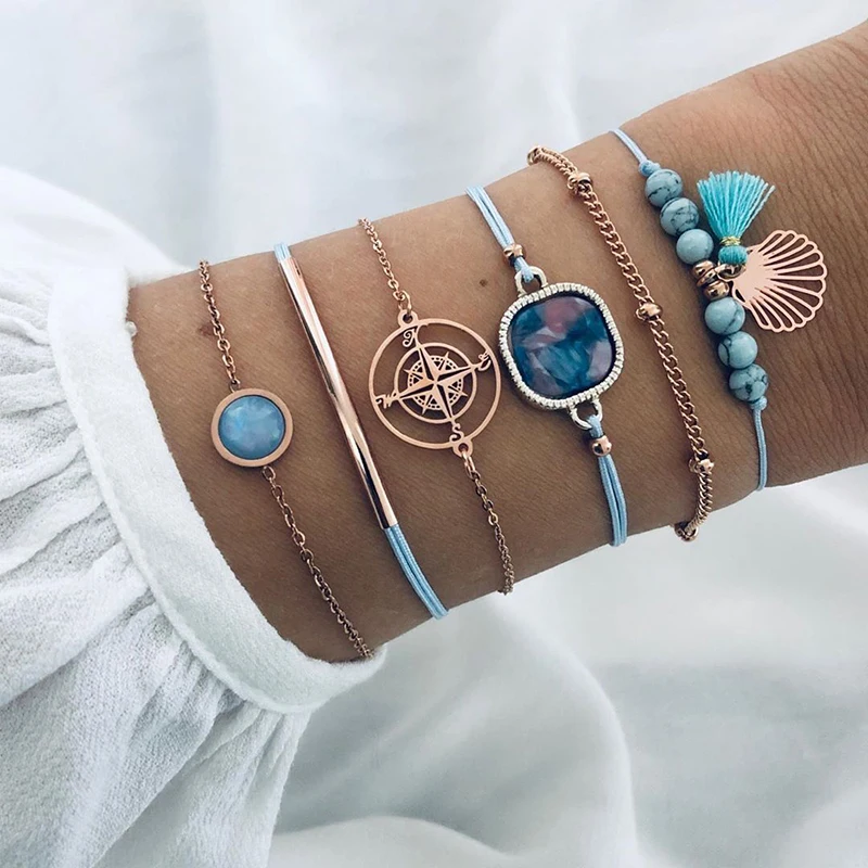 

Modyle 6PCs Blue Natural Stone Beads Tassel Bracelets for Women Gold Compass Ocean Shell Bracelets Set Bohemia Wrist Jewelry