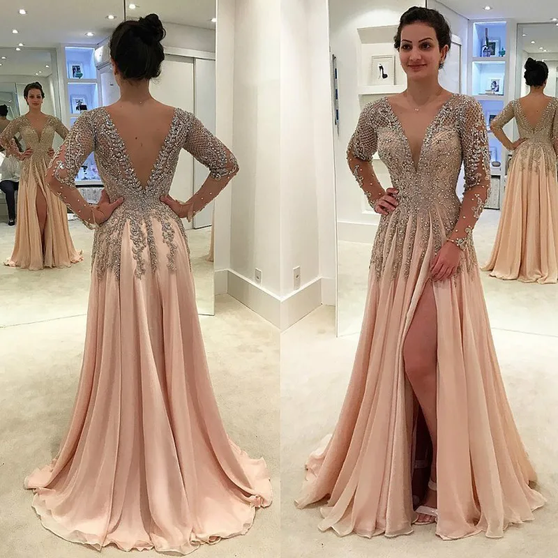 long sleeve formal dresses Crystal Beading Long Sleeve Evening Dresses 2021 A-Line Side Slit V-Neck Chiffon Luxury Party Prom Gown Backless Floor Length evening wear Evening Dresses