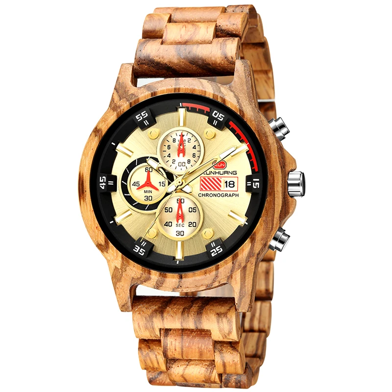 Natural Walnut Wood Watches for Men Luxury Chronograph Men Military Quartz Watch Full Wooden Band Men's Watches WW012