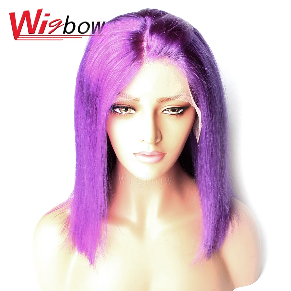 

Human Wigs Remy Hair Short Bob Brazilian Straight Purple Lace Front 8-14 Inch Wig Bangs With Baby Hair Wigbow Hair For Women