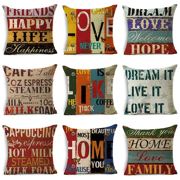 

Vintage Linen Pillowcase Hand-painted Letters Cushion Cover Mediterranean Style Sofa Pillow Case Car Home Decoration 45*45cm