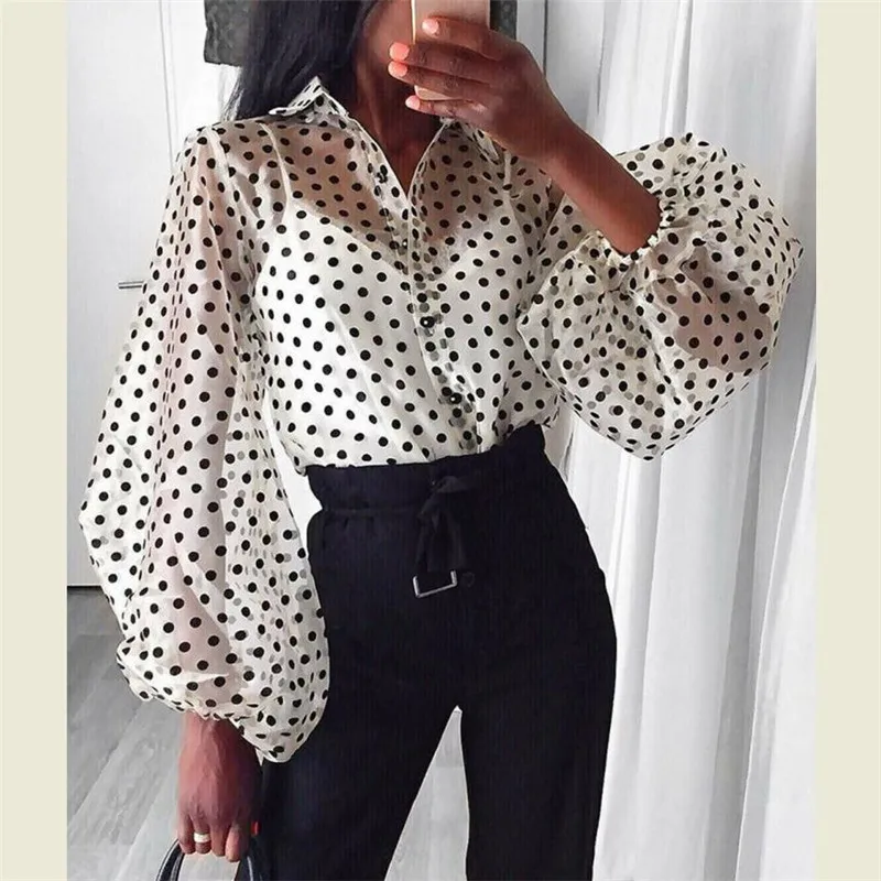 

Women Sheer Mesh Long Puff Sleeve Shirt Turn-down Loose Shirts See Through Polka Dot Chiffion Mesh Tops T Shirt Tee Tops Shirt