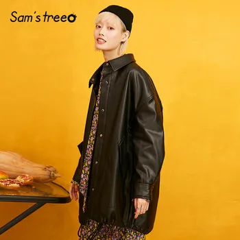 

SAM'S TREE Black Solid Rivet New Grunge Leather Jacket Women 2019 Winter Single Breasted Locomotive Casual Female Padded Coats