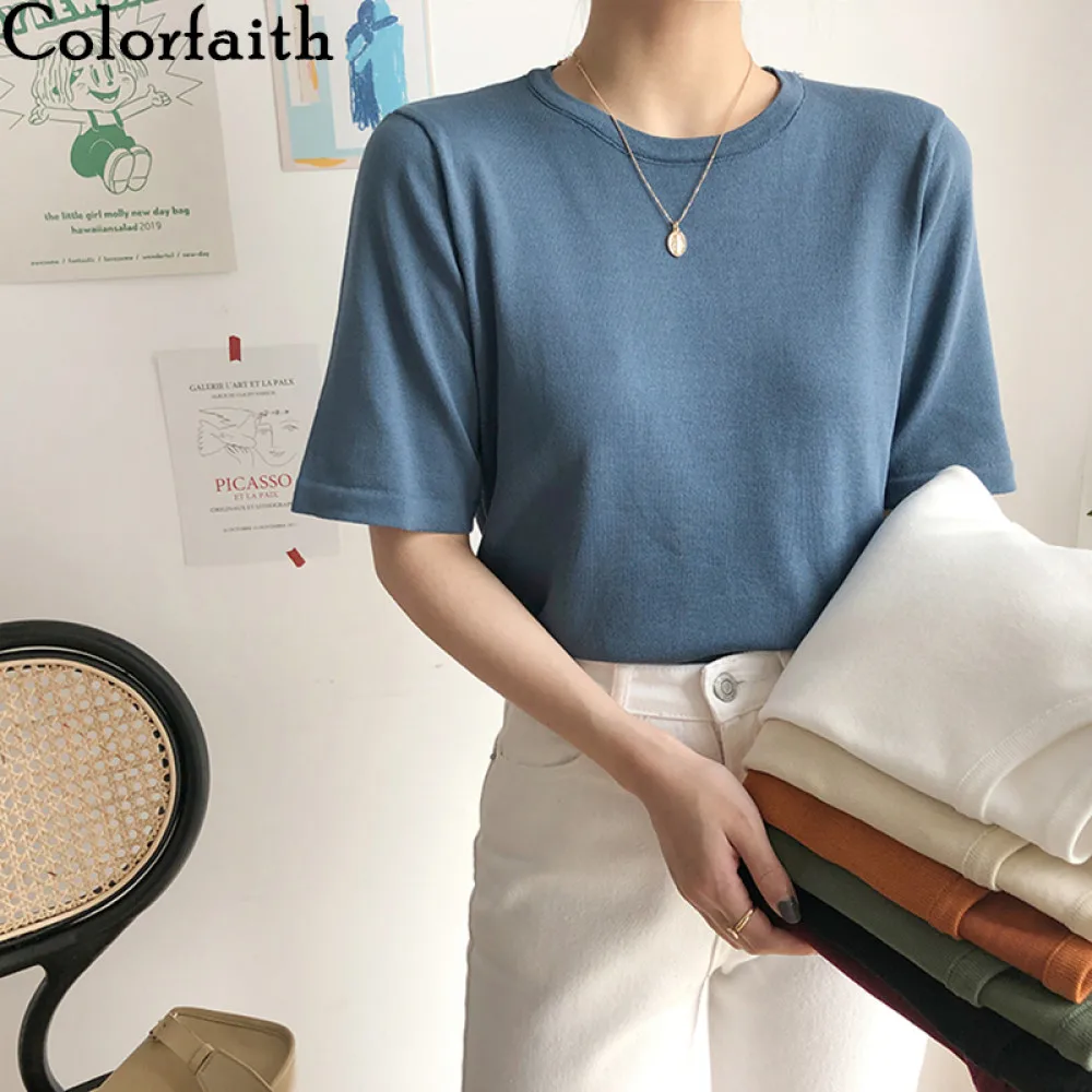 Футболка Colorfaith Женская однотонная трикотажная повседневный Мягкий Топ в
