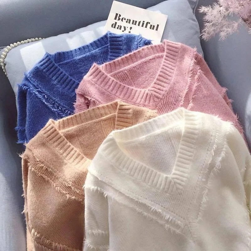 Autumn and winter new women's loose V-neck sweater female solid color raw tassel hooded knit bottoming shirt long sleeve | Женская
