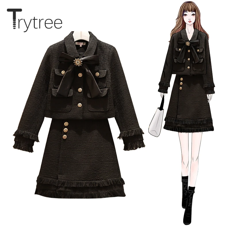 

Trytree Autumn Winter Two piece set Casual Turn-down Collar Bow Pockets Button + Skirt Mini Tassel Fashion A-line 2 Piece Set
