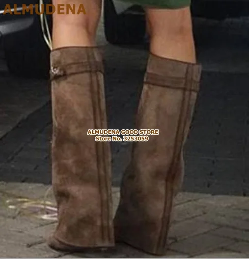 ALMUDENA/Новые высокие сапоги до колена из замши телесного цвета с замком в виде акулы высокие сапоги на танкетке с металлическим украшением Прямая поставка - Цвет: as picture