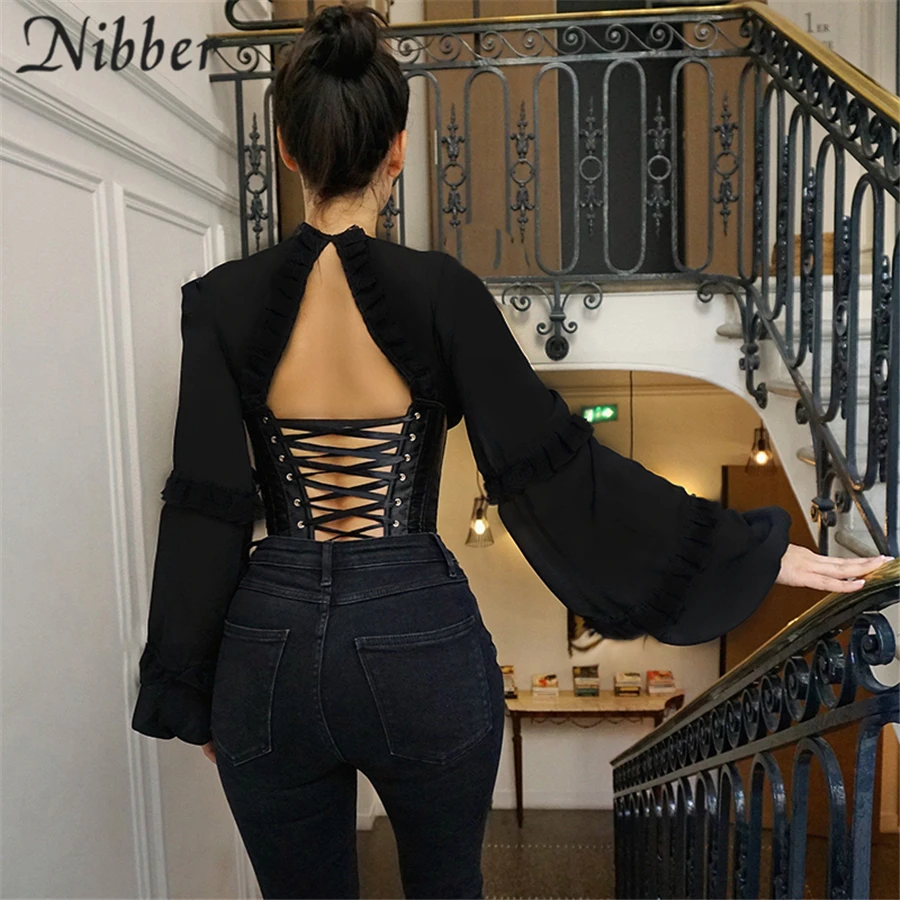 Nibber Corset Patchwork Lantern Sleeve Design T-Shirt For Women Tops 2021 Spring Autumn Elegant Bandage Halter Design Top Female Nibber Corset Patchwork Lantern Sleeve Design T-Shirt For Women Tops 2021 Spring Autumn Elegant Bandage Halter Design Top Female