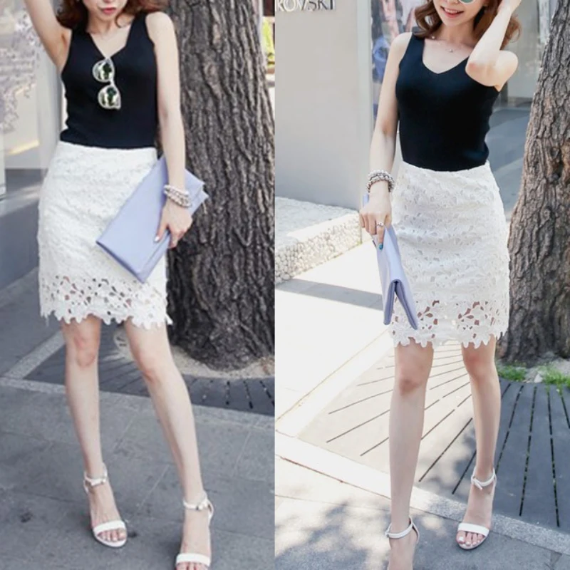 

4 Color Women Summer Autumn Casual Knee-Length Mid Waist Wild Skirt Lace Solid Color Fashion Strap Wild Bottom Bag Hip Skirts