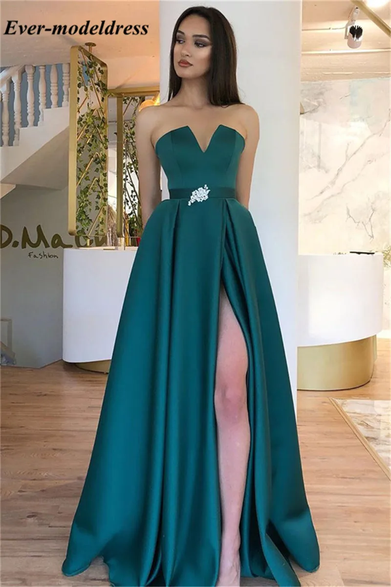 Robe De Soriee темно-зеленые платья для выпускного вечера с Боковым Разрезом без бретелек на шнуровке сзади А-силуэта арабские вечерние платья по индивидуальному заказу дешево