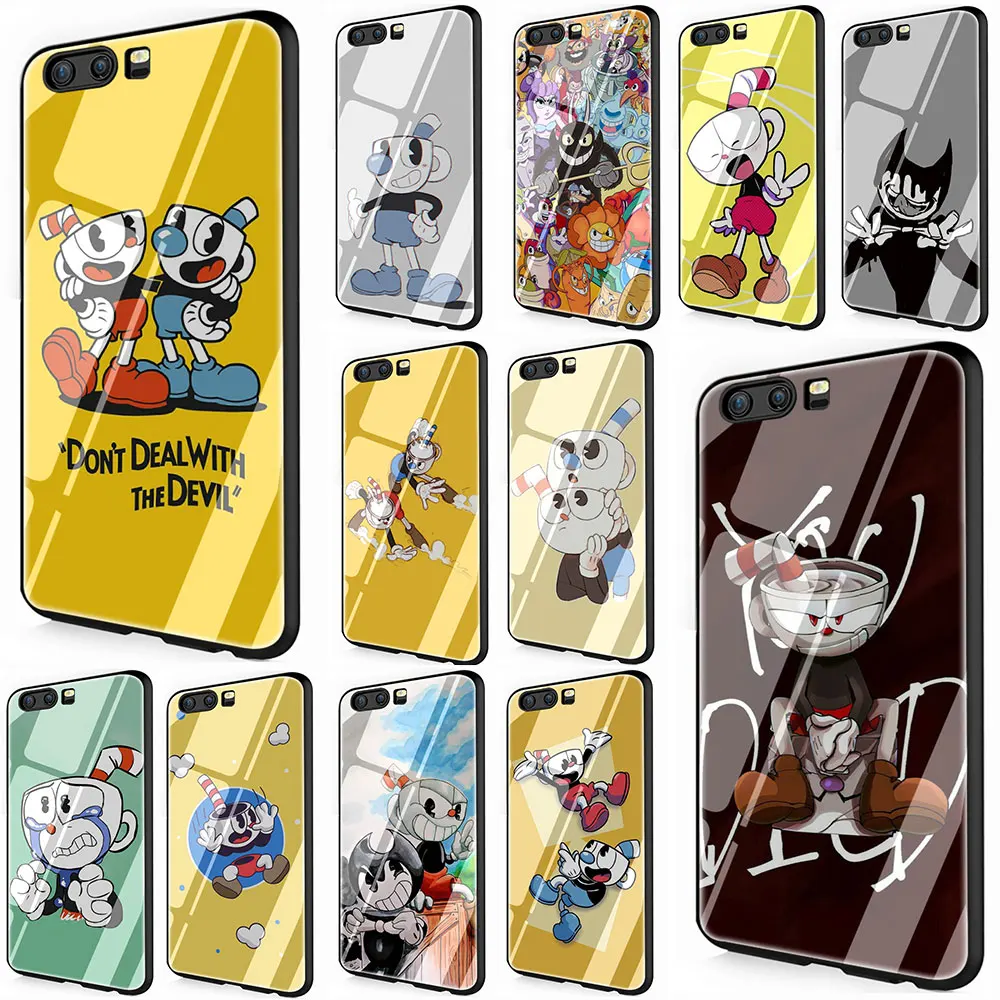 

Cuphead Cartoon Tempered Glass Cover Case for Huawei P10 P20 30 Mate 20 Honor 9 10 Lite Pro 7A 8X P Smart Y6 Y9