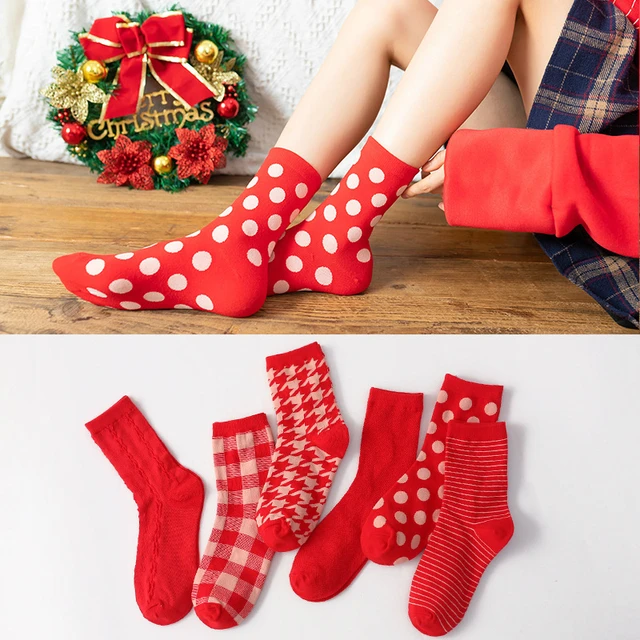Calzini rossi a pois rosso calze di capodanno da donna in puro cotone pied  de poule strisce floreali natalizie coppie calze lunghe invernali -  AliExpress