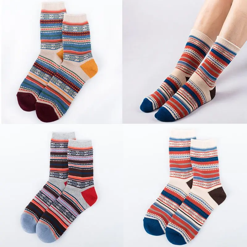 

Japanese Mens Ethnic Stripes Cotton Crew Socks Vintage Harajuku Chunky Ribbed Knitted Contrast Color Mid Calf Long Hosiery