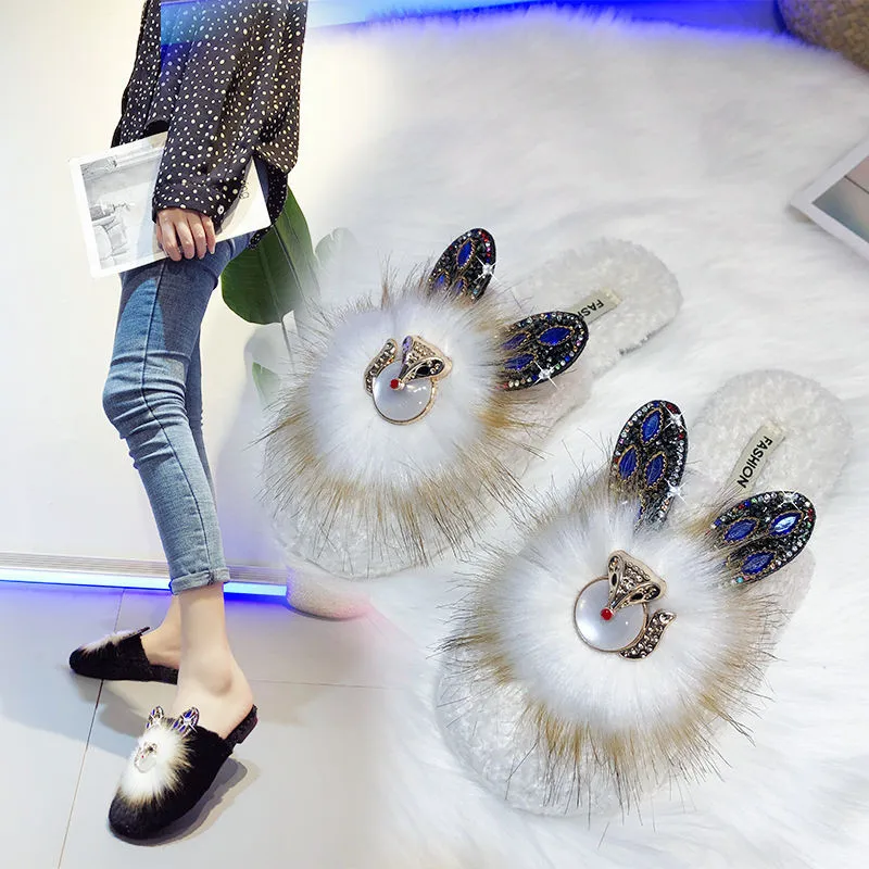 

Cotton Slippers Female,Winter Home Comfortable Baotou Half Slippers,Small Rabbit Diamond Lovely Plush Slippers,Warm Cotton Shoes