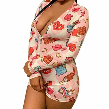

Donuts Short Jumpsuits V-neck Pijamas Women Sexy Onesie For Adults Plus Size Party Club Rompers Pijama Mujer Lingerie