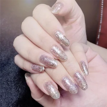 

24pcs/box Mid-length oval Head Detachable fake Nails press on Phototherapy Silver Flash Wearable Easy Operation nails with Glue