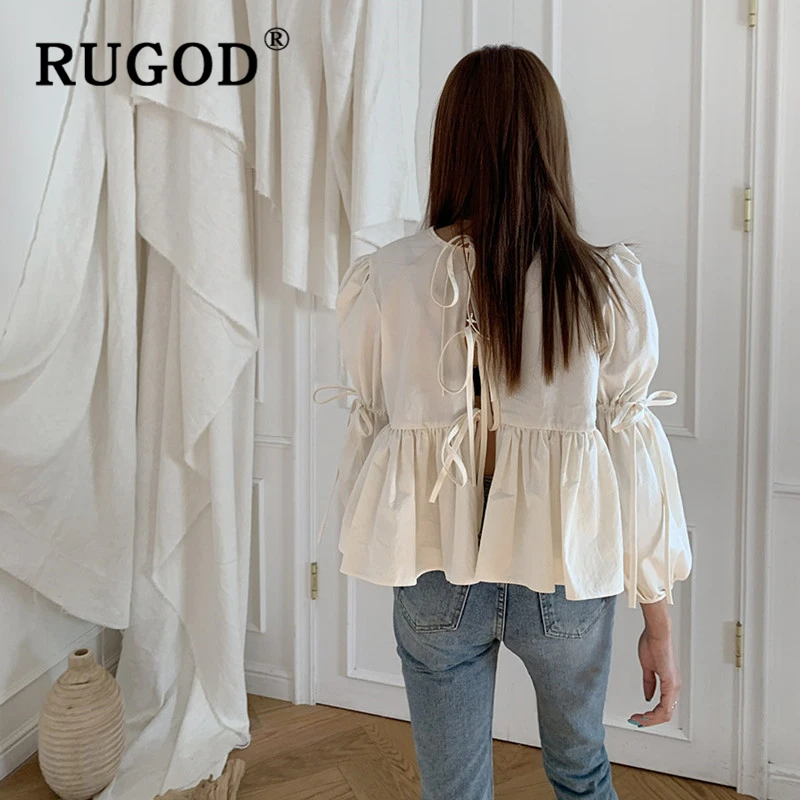 RUGOD ins модная однотонная женская блузка Корейская с пышными рукавами открытой