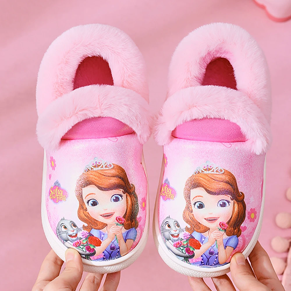Disney Cartoon Children Home Cotton Slippers For Girls Little Princess Sophia Indoor Shoes Kids Baby Warm Plush Slipper Winter