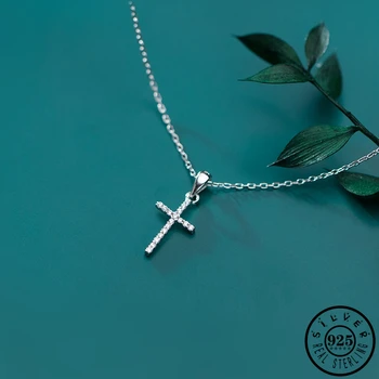 

100% 925 Sterling Silver Shiny Cubic Zirconia Cross Shape Pendant Statement Link Chain CZ Necklaces for Women Fine Jewelry