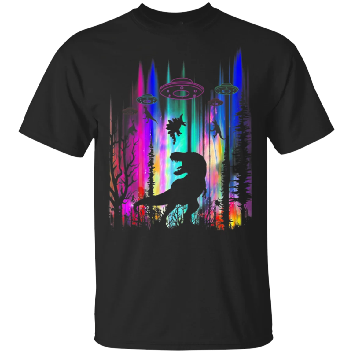 

Funny Alien Ufo T-Rex Abduction Colorful Forest T-Shirt Black For Men-Women Humorous Tee Shirt