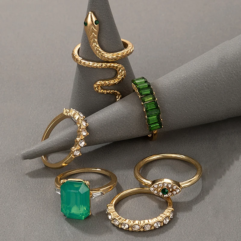 Ring Set Finger Ring Adjustable Rings Zircon Crystal Ring Animal Ring docona 6pcs/set Luxury Green Rhinestone Rings for Women Vintage Crystal Snake Adjustable Metal Ring Set Jewelry