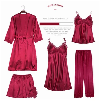 

Women Pajamas 5 Pieces Satin Sleepwear Pajama Faux Silk Home Wear Home Clothing Embroidery Sleep Lounge Pajama with Chest Pads