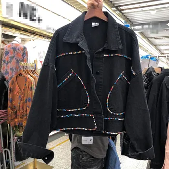 

2020 Spring New Heavy Industry Diamond Loose-Fit Long-Sleeve Denim Jacket Women's Casual Black Jean Jacket Top Chaqueta Mujer