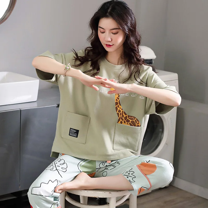 Printed Shirts and Pants Homewear Loose Cotton Pijama Women Spring Summer 2020 Casual Crew Neck Short Sleeve  Pajamas