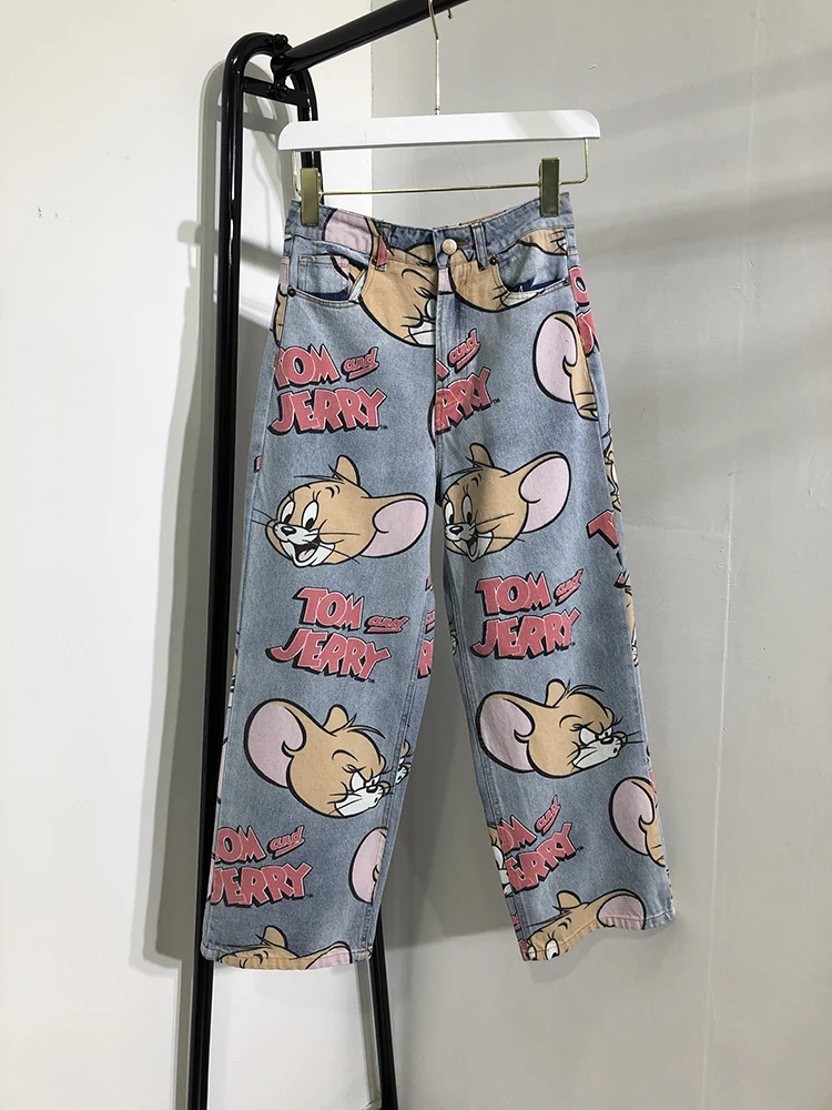 FREE SHIPPING Korean Jeans Cat And Mouse Print JKP4382