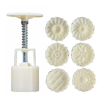 

50g Mooncake Barrel Mold with 6pcs Chrysanthemum Stamps Hand Press Moon Cake Pastry Mould DIY Bakeware