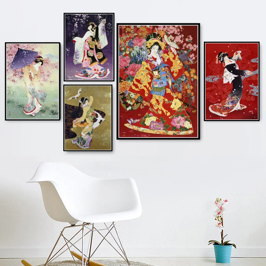 Hot Japanese Japanese Geisha Woman Painting Art Poster Prints Art Oil Painting Canvas Wall Pictures For Living Room Home Decor