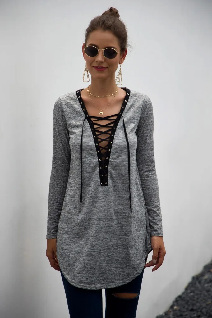 

Women T-shirts Long Sleeve V-neck T-shirt Lace Up Hollow Out Casual Harajuku Shirt Plus Size Tee Shirts Tops Autumn Clothing