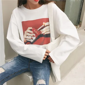 

2020 Autumn Women Casual Loose Long Sleeved T-shirt White Print O Neck Tops Graphic Tees Women Harajuku Style Free Shipping