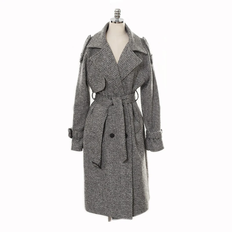 Nuovo Autunno Inverno Coreano Lunga Fonde OL Cappotto Elegante Delle Donne Doppio Petto Risvolto Del Collare Fiocchi e Fasce
