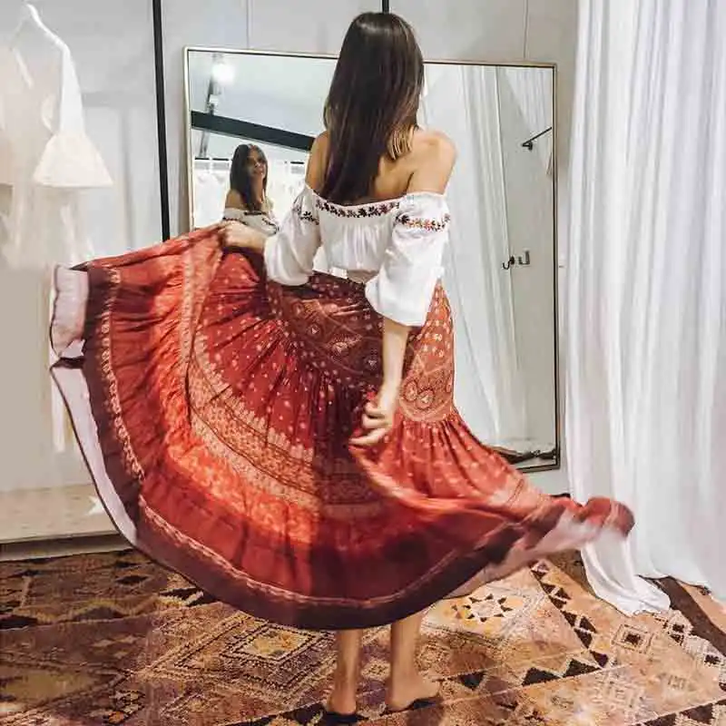 KHALEE YOSE Цветочные Boho макси юбки красные женские летние 2019 хлопоковая длинная юбка с эластичной талией цыганские шикарные сплайсированные