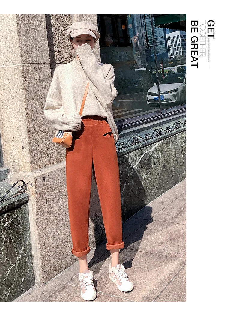 KINOMI Autumn Winter Thicken Corduroy Trouser for Women High Waist Women Pants Female Korean Harem Casual Long Pants New
