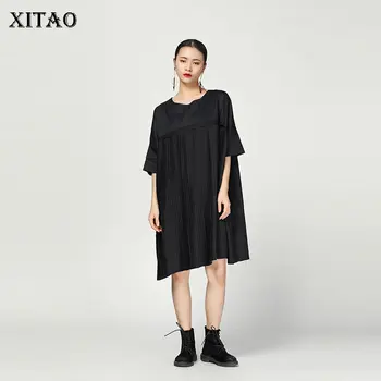 

XITAO Patchwork Pleated Dress Fashion New Women Plus Size 2020 Spring Summer Vintage Irregular Casual Style Loose Dress DMY3234