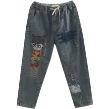 OMIKRON новые модные женские винтажные хлопковые джинсы хараюку с эластичной талией и вышивкой, женские повседневные свободные шаровары в стиле пэчворк