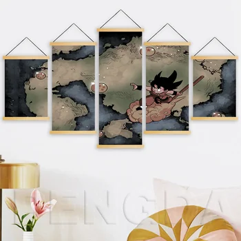 

Home Decoration Canvas Print 5 Piece Dragon Ball Goku Painting Wall Art Solid Wood Hanging Scrolls Anime Poster For Living Room