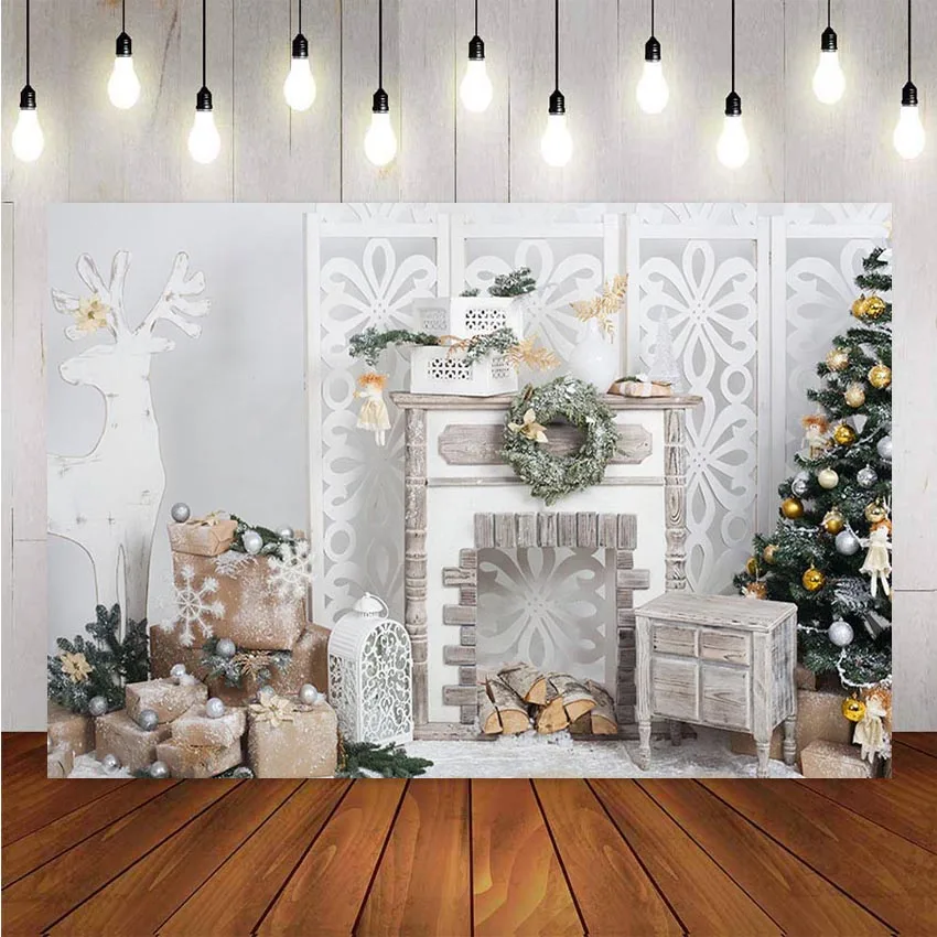 

Photography Background Winter Christmas Tree Flash Gift Fireplace Decoration Christmas Tree Backdrops Photo Studio Photocall